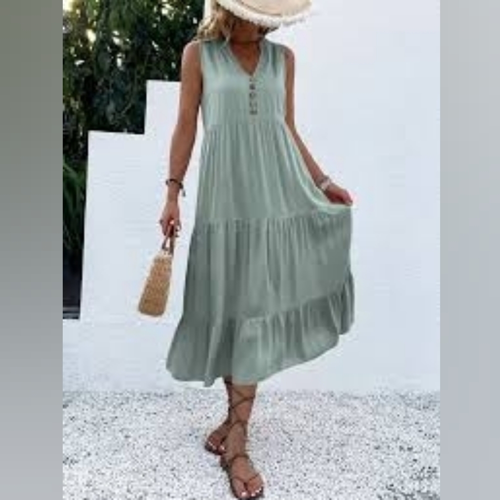Ever New Sage Green Tiered Maxi Sundress 100% Cotton Lining